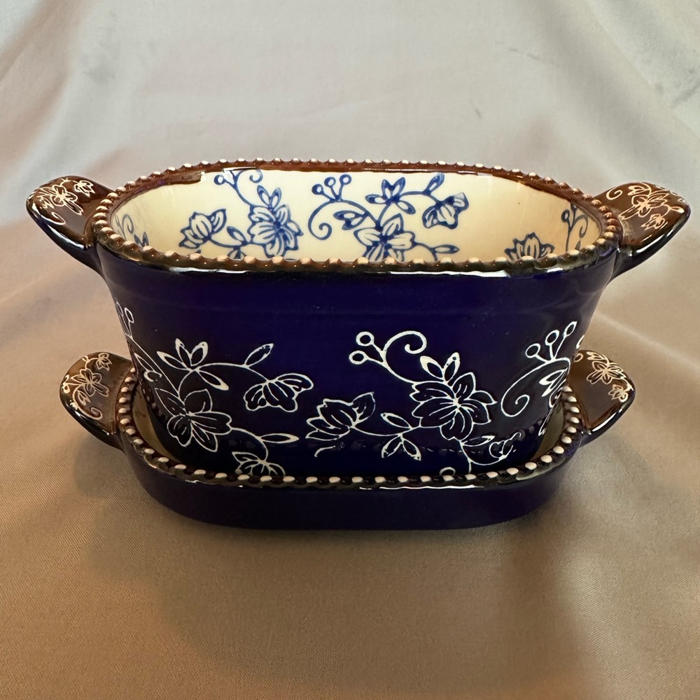 Temptations 10oz Baking Dish - Set of 2 - Floral Lace - Cobalt Blue White Brown - Picture 2 of 10